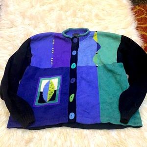 Vintage Button Up Color Block Patterned Sweater